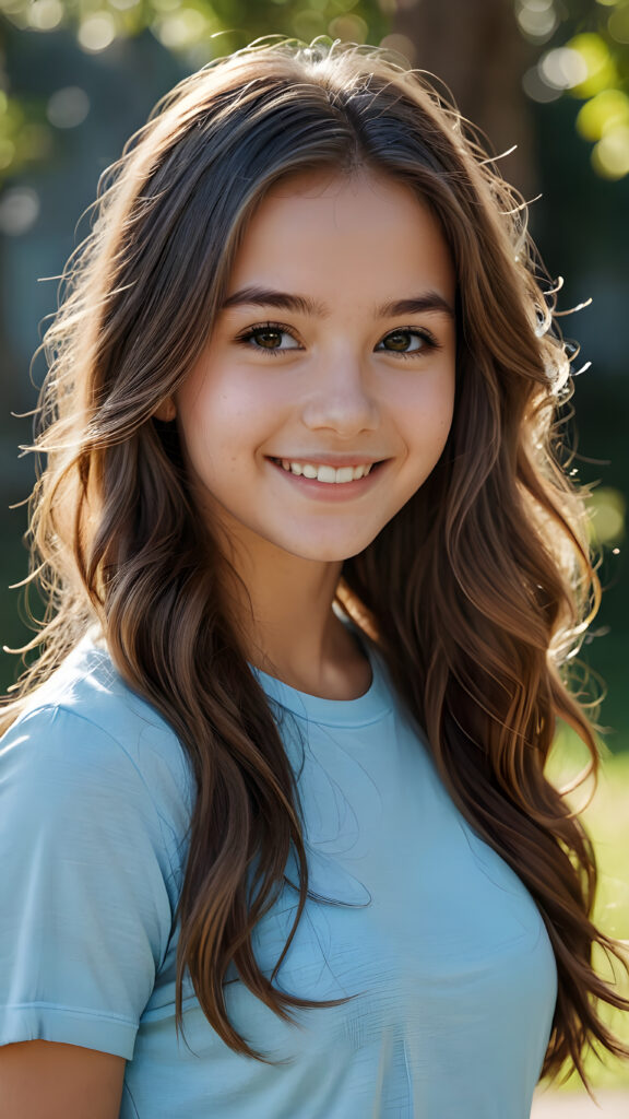 an innocent, young teen girl, long weavy hair, beautiful as a picture, smiles into the camera, she is wearing a light blue tight t-shirt, upper-body, perfect curved, ((very detailed, perfect shadows))