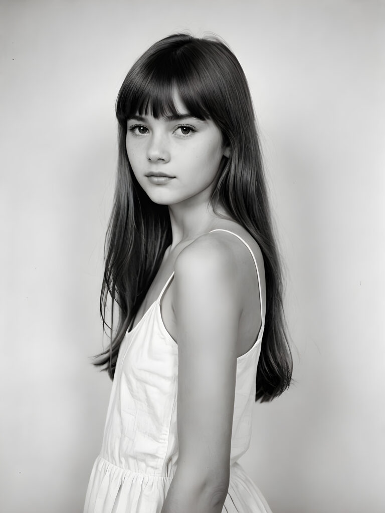 an old black and white photo, a breathtakingly realistic (((portrait))), capturing the essence of a youthful teen girl with a flawlessly proportioned upper body, long, straight hair, bangs cut, aged 11, posed confidently before the viewer, ((a white canvas as a background)), ((side view))