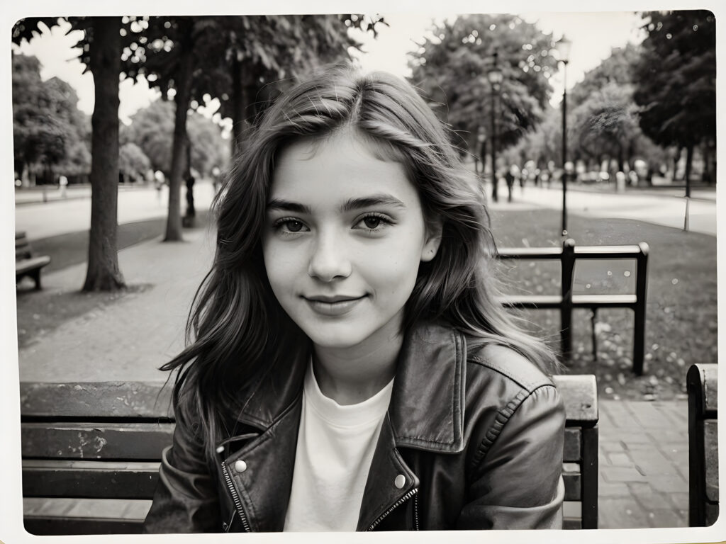 an old black and white photo, realistic ((detailed portrait)), a young and beautiful girl sitting on a bench in a park, she ist 17 years old, very happy