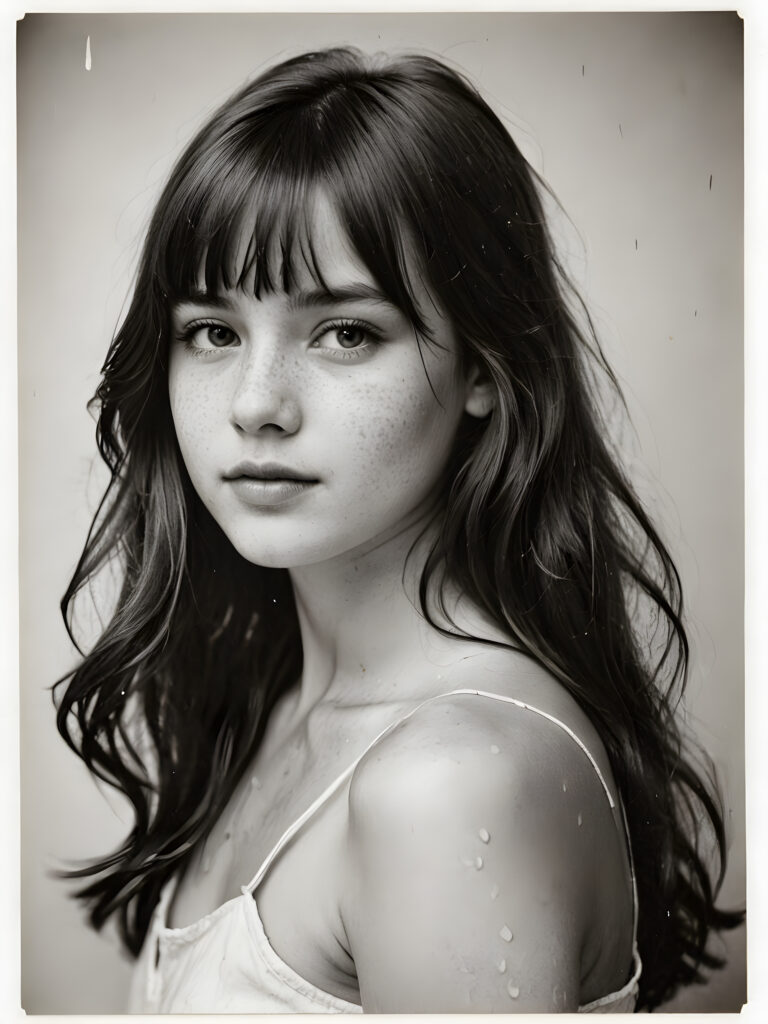 an old black and white photo with water stains, a breathtakingly realistic (((portrait))), capturing the essence of a youthful teen girl with a flawlessly proportioned upper body, long, bangs cut, aged 13, posed confidently before the viewer, ((a white canvas as a background)), ((side view))