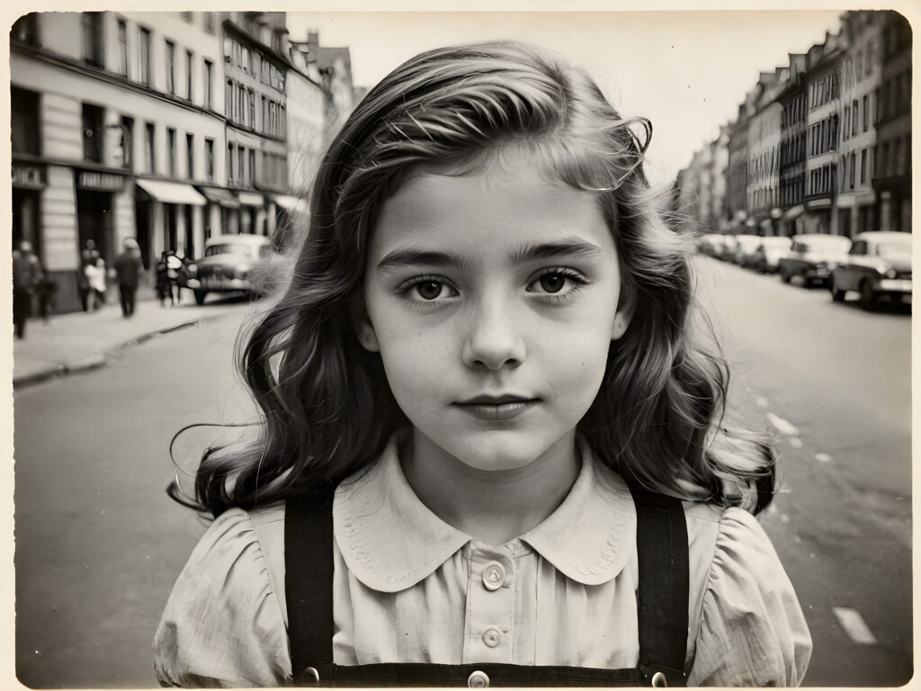 an old black and white photo, realistic ((detailed portrait)), a cute stunning young girl in a city, 13 years old, in 1940s