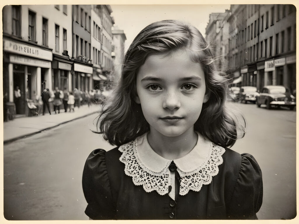 an old black and white photo, realistic ((detailed portrait)), a cute stunning young girl in a city, 13 years old, in 1940s