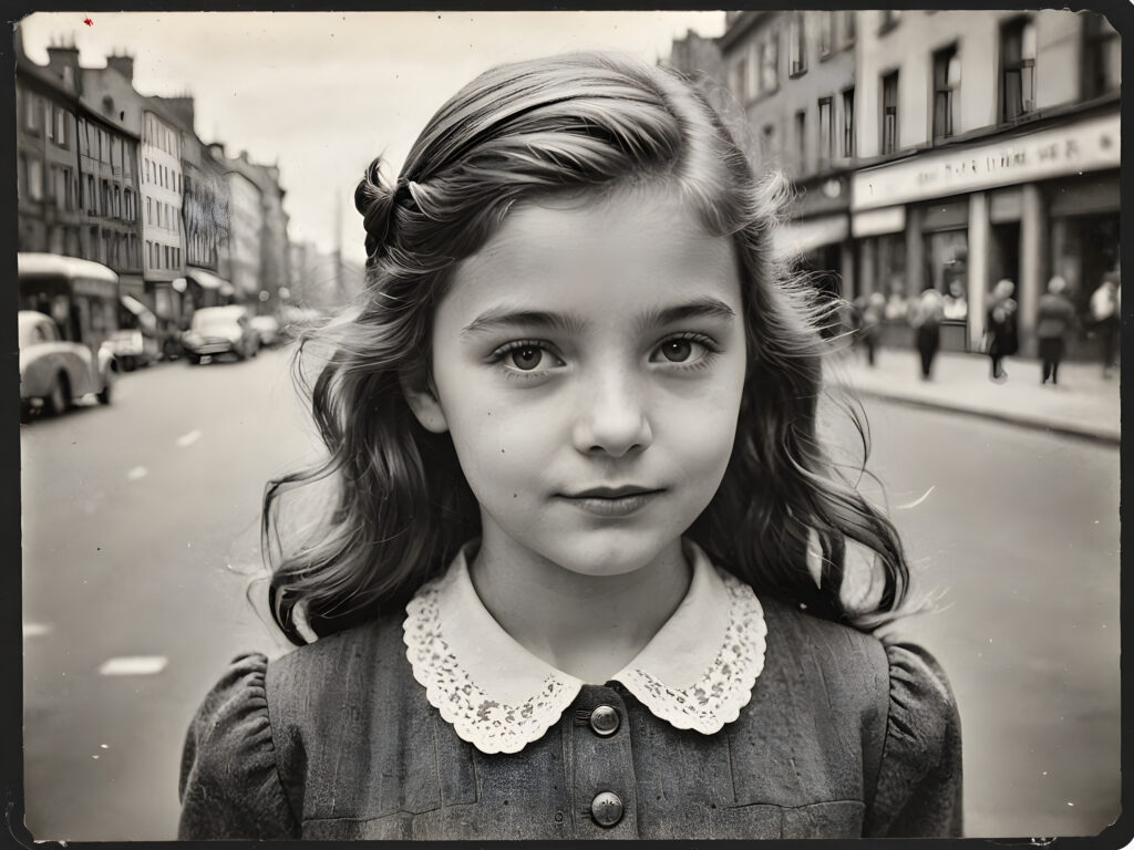 an old black and white photo, realistic ((detailed portrait)), a cute stunning young girl in a city, 13 years old, in 1940s