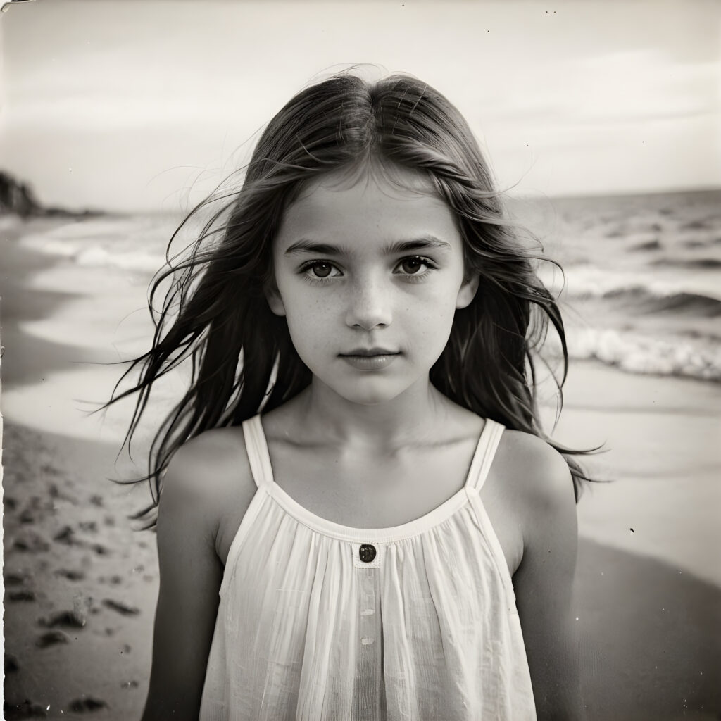 an old black and white photo, a breathtakingly realistic ((portrait)), a cute stunning young girl on beach