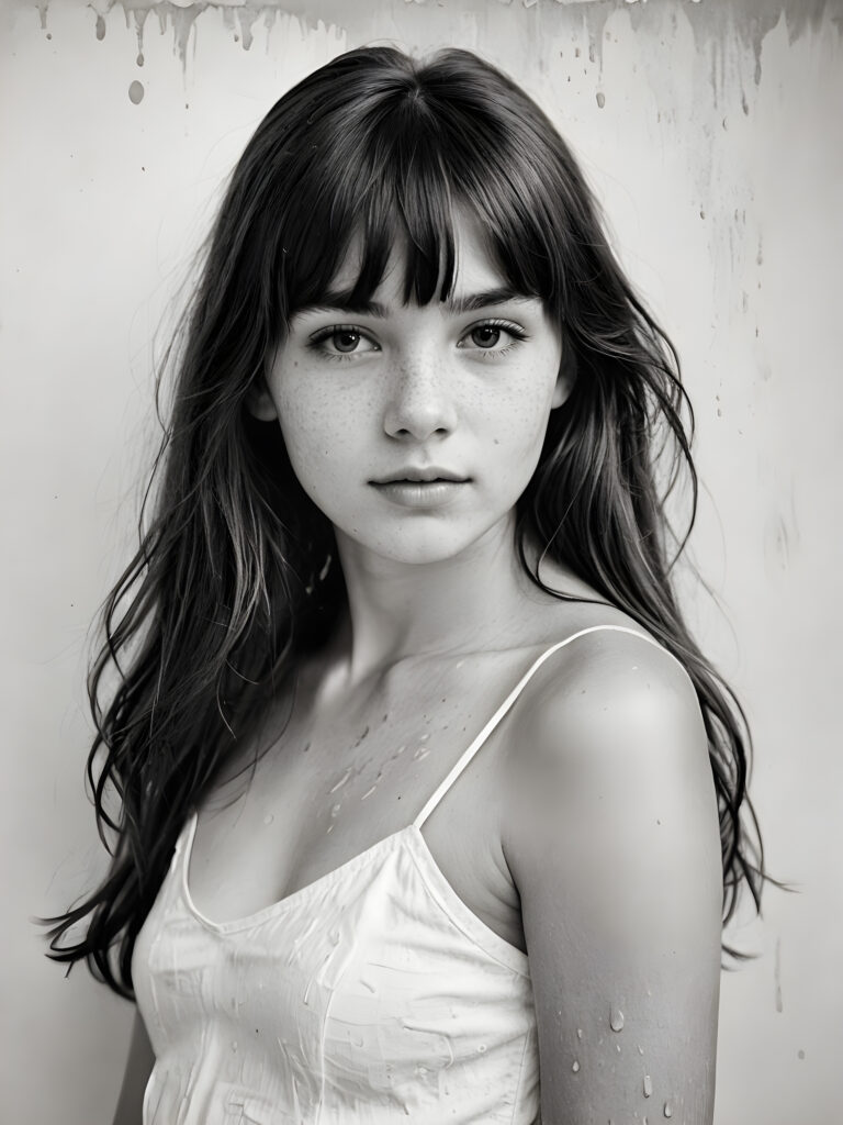 an old black and white photo with water stains, a breathtakingly realistic (((portrait))), capturing the essence of a youthful teen girl with a flawlessly proportioned upper body, long, bangs cut, aged 13, posed confidently before the viewer, ((a white canvas as a background)), ((side view))