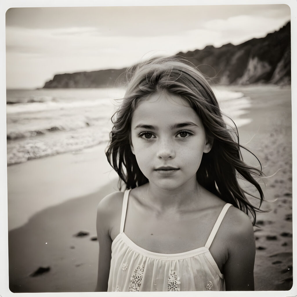 an old black and white photo, a breathtakingly realistic ((portrait)), a cute stunning young girl on beach