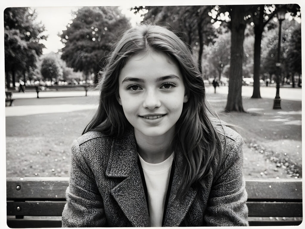 an old black and white photo, realistic ((detailed portrait)), a young and beautiful girl sitting on a bench in a park, she ist 17 years old, very happy