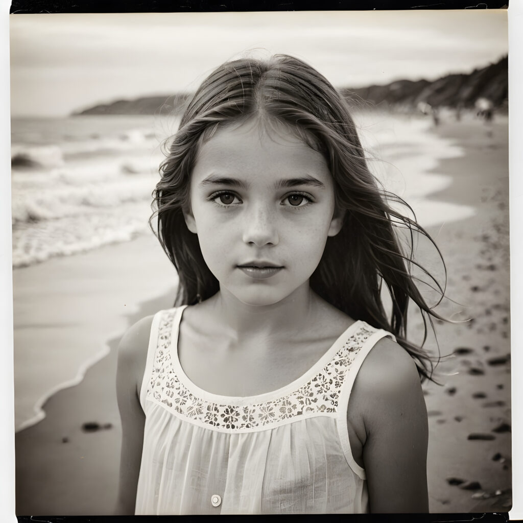 an old black and white photo, a breathtakingly realistic ((portrait)), a cute stunning young girl on beach