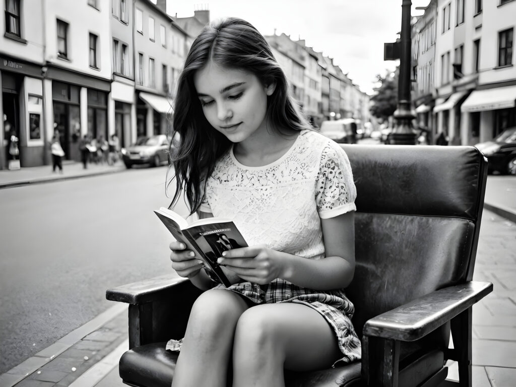 an old black and white photo, realistic ((detailed portrait)), a cute stunning young girl in a city, 15 years old, sitting on a chair and read a book