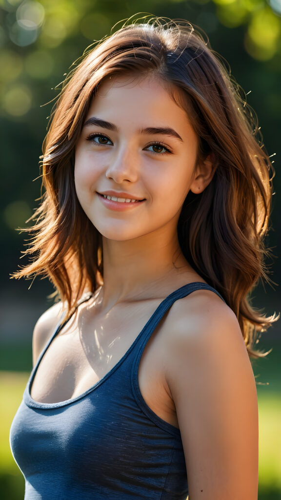 a teen girl, 14 years old, ((realistic detailed hair)), realistic face, short crop tank top, beautiful saturation, ultra high resolution, deep shadow, (best quality, masterpiece), highly detailed, looking at viewer, warm smile, 4k, ((upper body)) (((gorgeous))) ((attractive)) ((stunning)) ((side view)) ((perfect curved body))