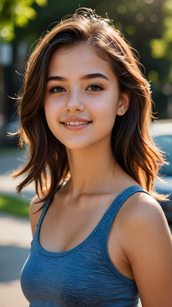 a teen girl, 14 years old, ((realistic detailed hair)), realistic face, short crop tank top, beautiful saturation, ultra high resolution, deep shadow, (best quality, masterpiece), highly detailed, looking at viewer, warm smile, 4k, ((upper body)) (((gorgeous))) ((attractive)) ((stunning)) ((side view)) ((perfect curved body))