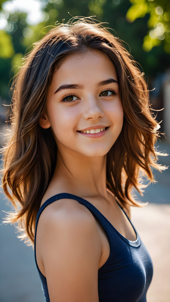 a teen girl, 14 years old, ((realistic detailed hair)), realistic face, short crop tank top, beautiful saturation, ultra high resolution, deep shadow, (best quality, masterpiece), highly detailed, looking at viewer, warm smile, 4k, ((upper body)) (((gorgeous))) ((attractive)) ((stunning)) ((side view)) ((perfect curved body))