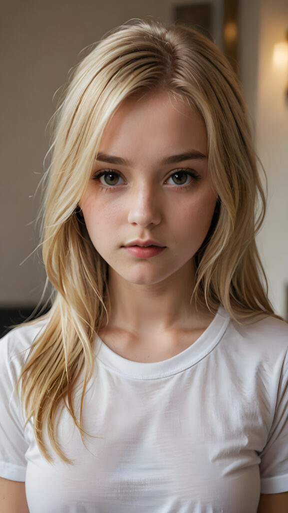 an ultra definition and ultra high quality (((professional photograph))), capturing an incredibly detailed and realistically heartbreaking extreme sadness with a young girl, where her untucked, luxuriously long, straight, thick, and naturally white golden blonde hair falls elegantly down, ((white short thin t-shirt))