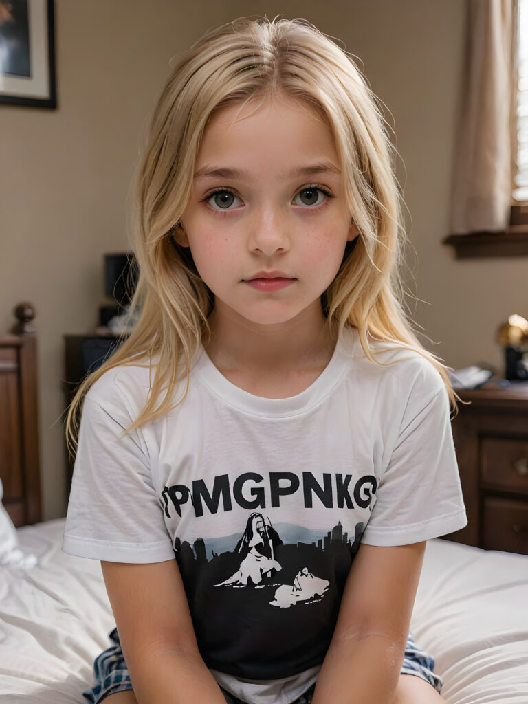 an ultra definition and ultra high quality (((professional photograph))), capturing an incredibly detailed and realistically heartbreaking extreme sadness with a 10-year-old girl, where her untucked, luxuriously long, straight, thick, and naturally white golden blonde hair falls elegantly down, ((white short thin t-shirt))