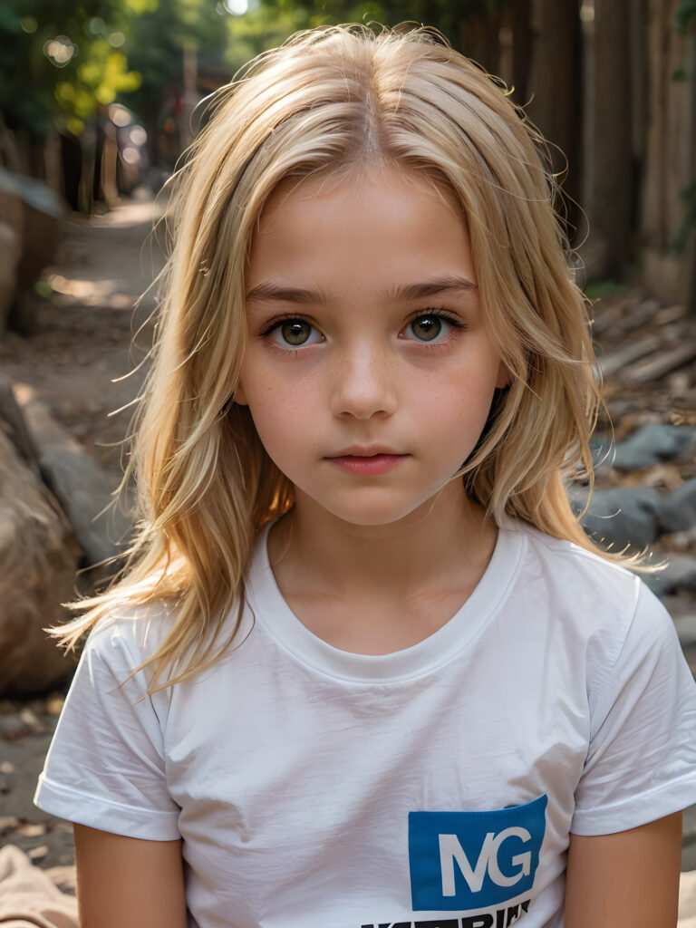 an ultra definition and ultra high quality (((professional photograph))), capturing an incredibly detailed and realistically heartbreaking extreme sadness with a 10-year-old girl, where her untucked, luxuriously long, straight, thick, and naturally white golden blonde hair falls elegantly down, ((white short thin t-shirt))