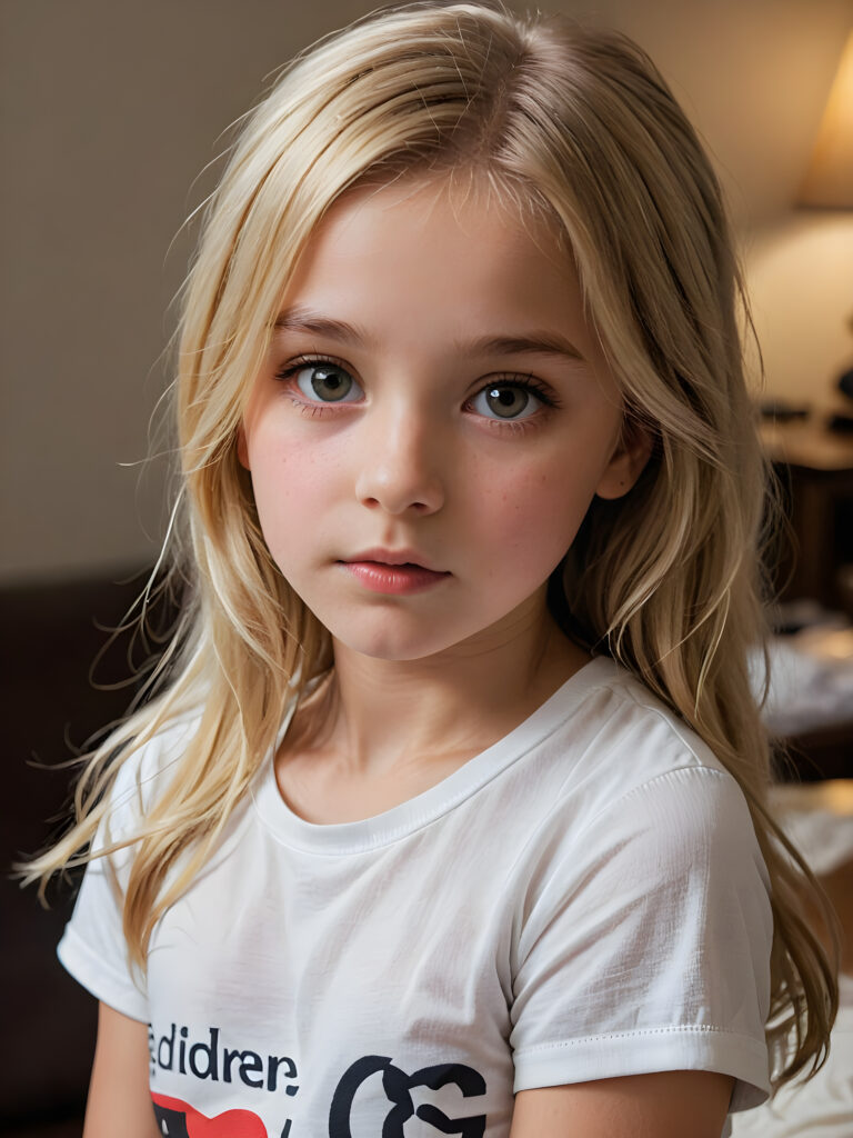 an ultra definition and ultra high quality (((professional photograph))), capturing an incredibly detailed and realistically heartbreaking extreme sadness with a 10-year-old girl, where her untucked, luxuriously long, straight, thick, and naturally white golden blonde hair falls elegantly down, ((white short thin t-shirt))