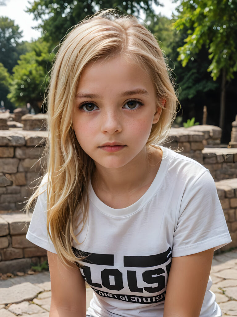 an ultra definition and ultra high quality (((professional photograph))), capturing an incredibly detailed and realistically heartbreaking extreme sadness with a 10-year-old girl, where her untucked, luxuriously long, straight, thick, and naturally white golden blonde hair falls elegantly down, ((white short thin t-shirt))