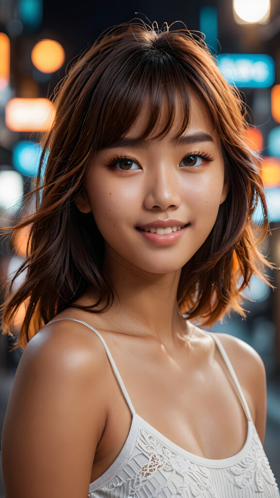 an ultra (((detailed, hyper realistic 8K dynamic photograph))), capturing a joyful 16-year-old Filipino girl with Korean-style bangs and intricate, orange-hued straight full hair. Her eyes are expertly detailed, set against a perfect oval face, while her smile beams confidently at the camera. She wears a sleek, white, short tank top that complements her perfectly curved figure, framed by soft, cinematic lighting and an empty backdrop