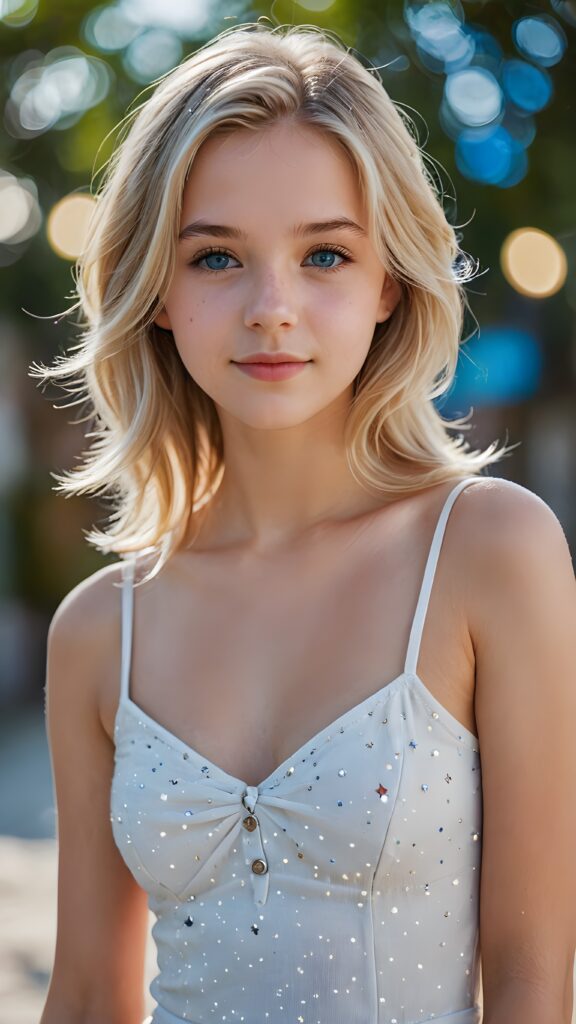 an ultra realistic and high quality professional photograph, capturing a perfectly drawn (((young 14 years old girl))) with flawlessly smooth skin, luxurious straight blond hair with slightly wavy hair that falls gracefully into her shoulders, and bright natural blue eyes that sparkled like stars. She wears a very short low-cut white cotton top with a tight bodice and a plunging v-neck. The low cut creates a nice line across her belly and emphasizes her perfect anatomy. The girl exudes confidence and looks directly at the viewer, full body view