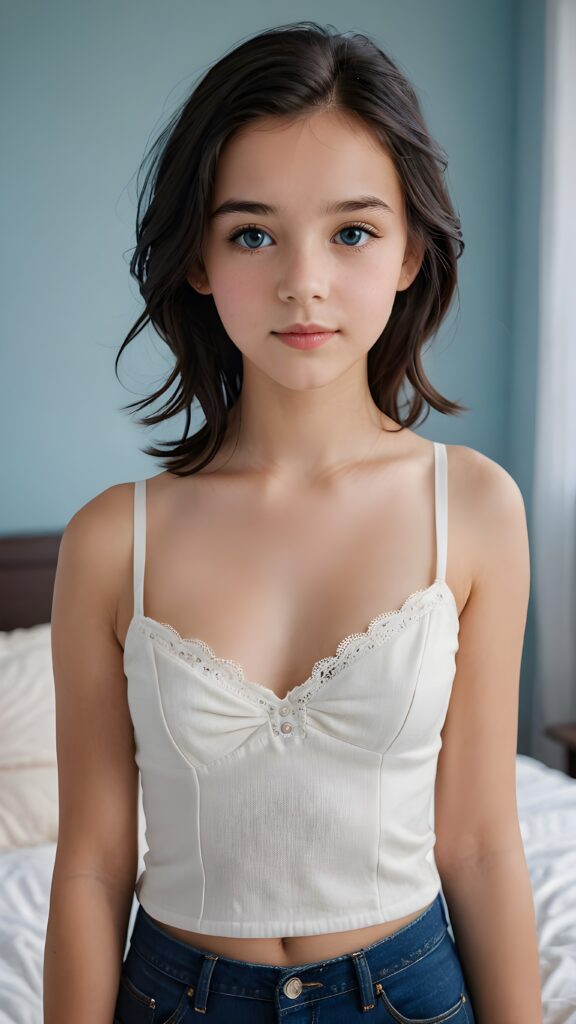 an ultra realistic and high quality professional photograph, capturing a perfectly drawn (((young 13 years old girl))) with flawlessly smooth skin, luxurious straight black hair with slightly wavy hair that falls gracefully into her shoulders, and bright natural blue eyes. She wears a very short low-cut white cotton top with a tight bodice and a plunging deep v-neck. The low cut creates a nice line across her belly and emphasizes her perfect anatomy. The girl exudes confidence and looks directly at the viewer, full body view