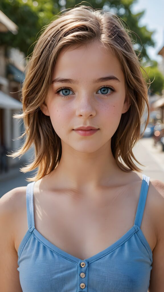 an ultra realistic and high quality professional photograph, capturing a perfectly drawn (((young 13 years old girl))) with flawlessly smooth skin, luxurious straight hazelnut hair with slightly wavy hair that falls gracefully into her shoulders, and bright natural blue eyes. She wears a very short low-cut white plain tank top with a tight bodice and a plunging deep v-neck. The low cut creates a nice line across her belly and emphasizes her perfect anatomy. The girl exudes confidence and looks directly at the viewer, full body view