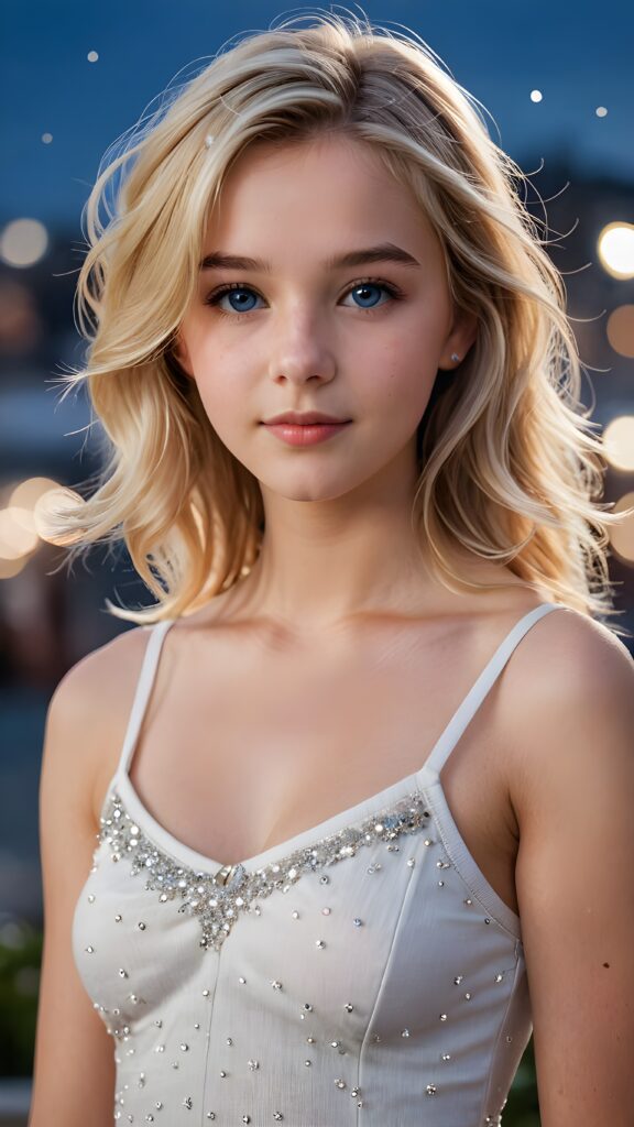 an ultra realistic and high quality professional photograph, capturing a perfectly drawn (((young 14 years old girl))) with flawlessly smooth skin, luxurious straight blond hair with slightly wavy hair that falls gracefully into her shoulders, and bright natural blue eyes that sparkled like stars. She wears a very short low-cut white cotton top with a tight bodice and a plunging v-neck. The low cut creates a nice line across her belly and emphasizes her perfect anatomy. The girl exudes confidence and looks directly at the viewer, full body view