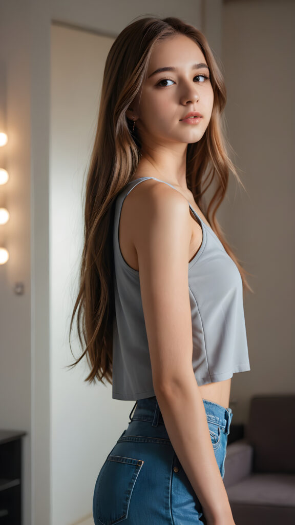 an attractive (((teen girlie))) dressed in a sleek, (((short-cropped tube top))), with flowing, long tresses cascading down her back, captured in a (((vividly realistic photo))). Her features are softly highlighted by the dimly lit room