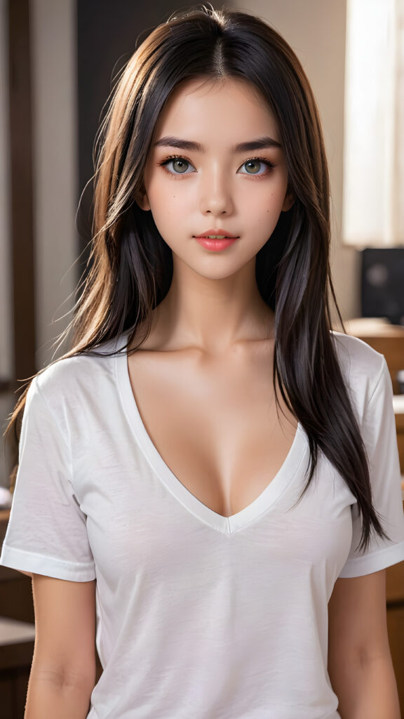 (((anime)) a (((young stunning and gorgeous well-busted teen girl)) with long straight obsidian hair, full lips, hyper-realistic eyes with perfectly matching pupils and white irises, a small flawless nose, and perfectly aligned and symmetrical front teeth, dressed in a (short tight white t-shirt with an open v-neck)