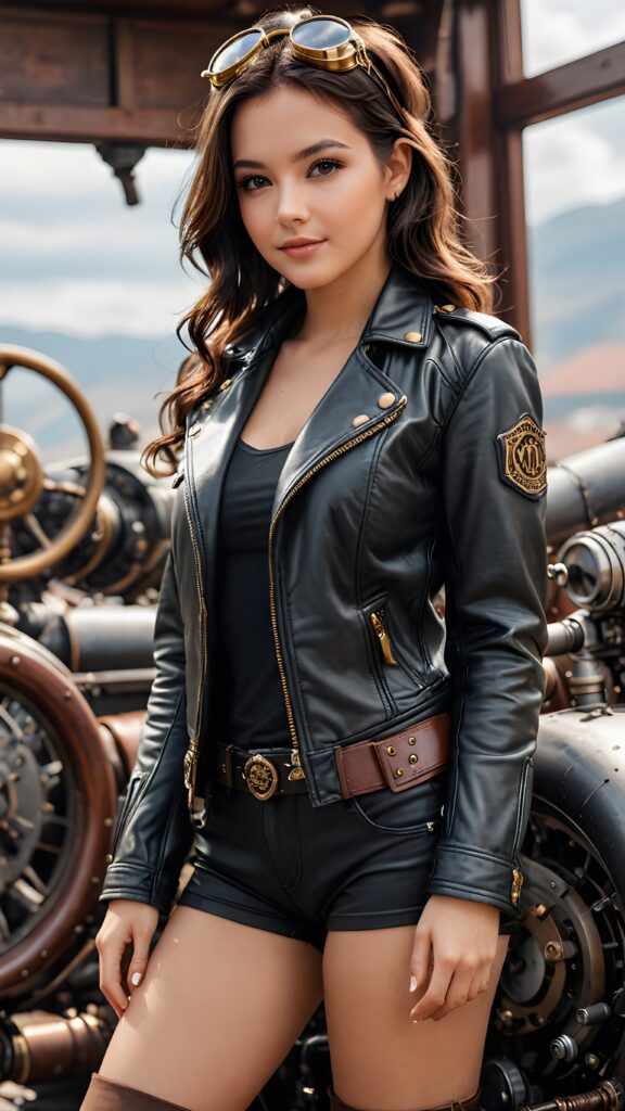 babe best quality, masterpiece, girl, ultra high resolution, photo realistic, detailed skin, (black short steampunk aviator leather jacket), lounging