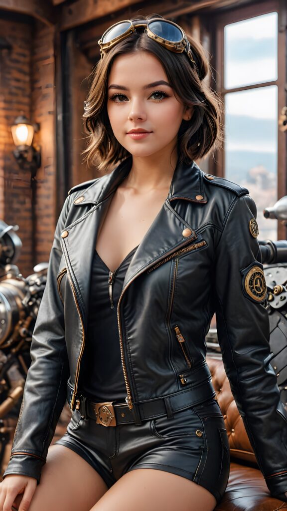 babe best quality, masterpiece, girl, ultra high resolution, photo realistic, detailed skin, (black short steampunk aviator leather jacket), lounging