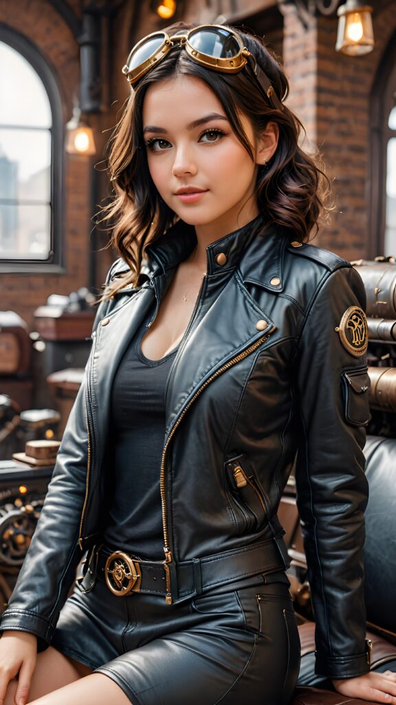 babe best quality, masterpiece, girl, ultra high resolution, photo realistic, detailed skin, (black short steampunk aviator leather jacket), lounging