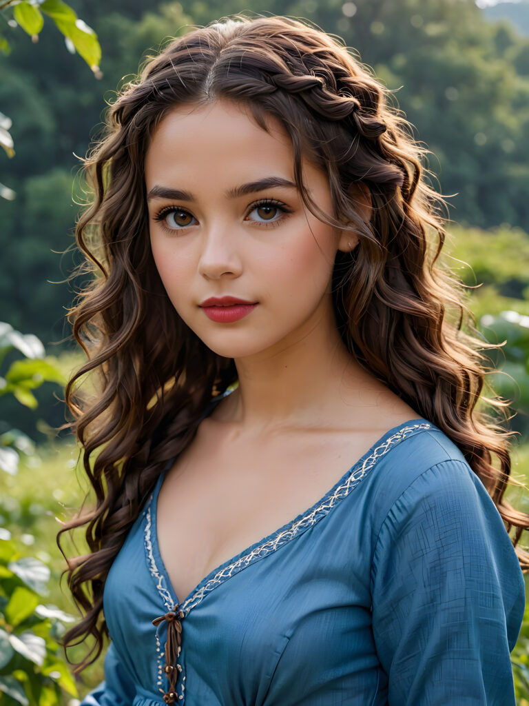 beautiful girl, thin blue dressed, dark brown wavy curly long hair with braids, brown eyes, nature, lipstick, nature photography, HD photography, beautiful landscape, realistic and natural, 8k, digital painting, concept art