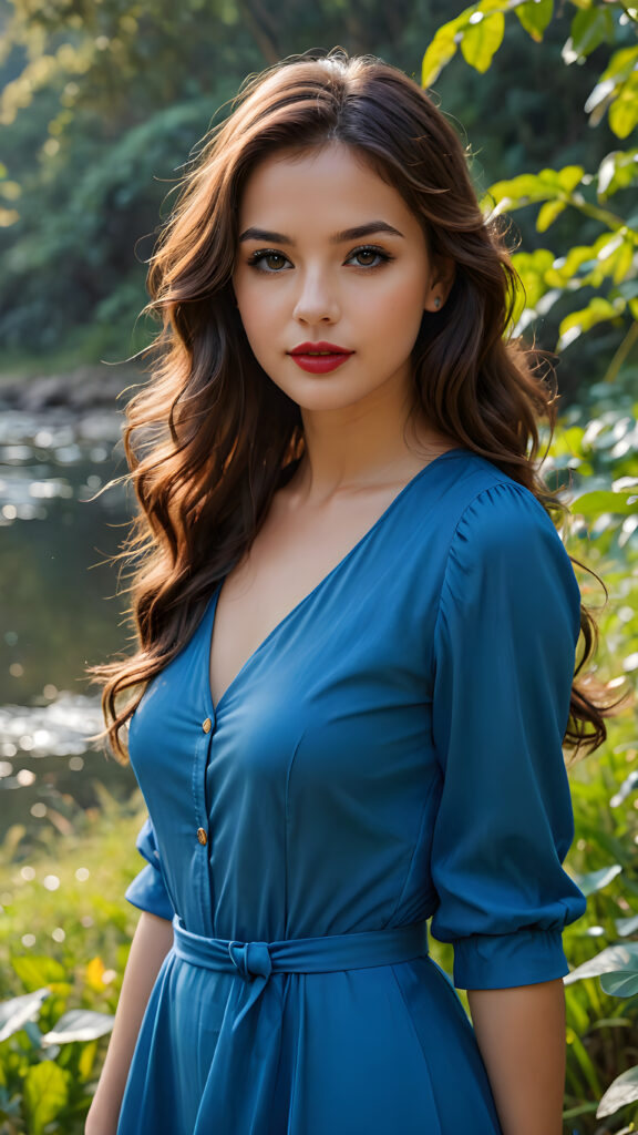 beautiful girl, thin blue dressed, dark brown wavy long hair, brown eyes, nature, lipstick, nature photography, HD photography, beautiful landscape, realistic and natural, 8k, digital painting, concept art