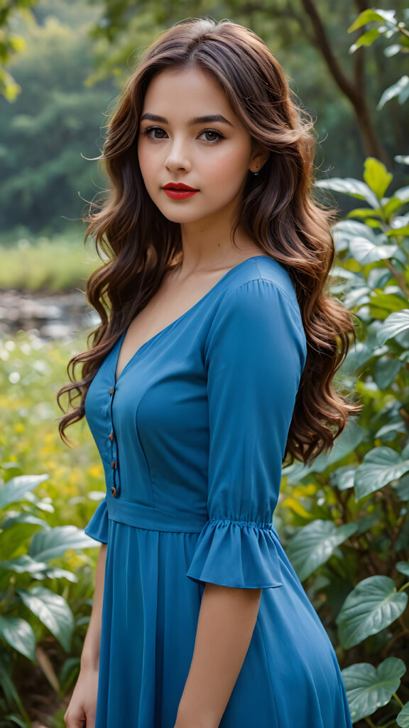 beautiful girl, thin blue dressed, dark brown wavy long hair, brown eyes, nature, lipstick, nature photography, HD photography, beautiful landscape, realistic and natural, 8k, digital painting, concept art