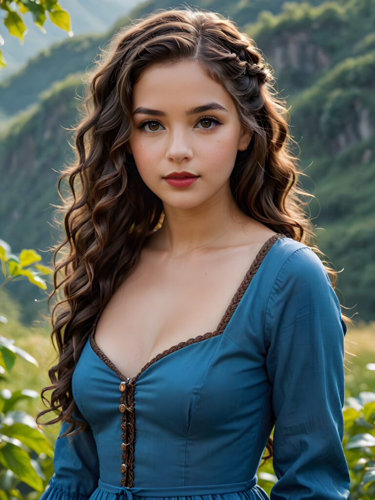 beautiful girl, thin blue dressed, dark brown wavy curly long hair with braids, brown eyes, nature, lipstick, nature photography, HD photography, beautiful landscape, realistic and natural, 8k, digital painting, concept art