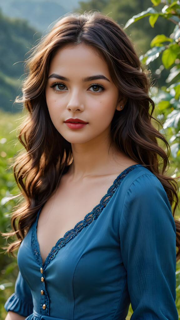 beautiful girl, thin blue dressed, dark brown wavy long hair, brown eyes, nature, lipstick, nature photography, HD photography, beautiful landscape, realistic and natural, 8k, digital painting, concept art