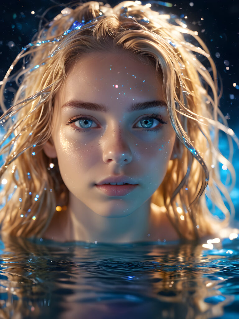 beautiful young teen girl, in the style of hyper-realistic water, surreal robotics, starfish, reflections. With exaggeratedly voluminous, mid (((dirty blonde hair))) messy hair, (light indigo eyes) (((holographic iridescent multi colored metallic)))