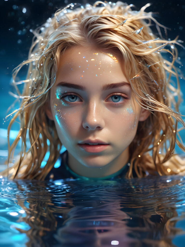 beautiful young teen girl, in the style of hyper-realistic water, surreal robotics, starfish, reflections. With exaggeratedly voluminous, mid (((dirty blonde hair))) messy hair, (light indigo eyes) (((holographic iridescent multi colored metallic)))