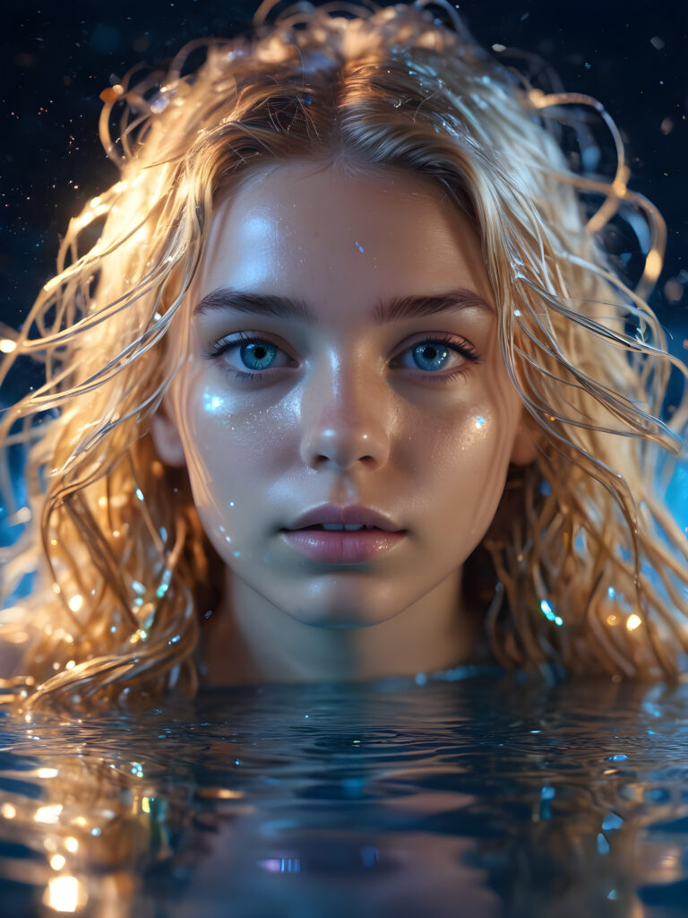 beautiful young teen girl, in the style of hyper-realistic water, surreal robotics, starfish, reflections. With exaggeratedly voluminous, mid (((dirty blonde hair))) messy hair, (light indigo eyes) (((holographic iridescent multi colored metallic)))