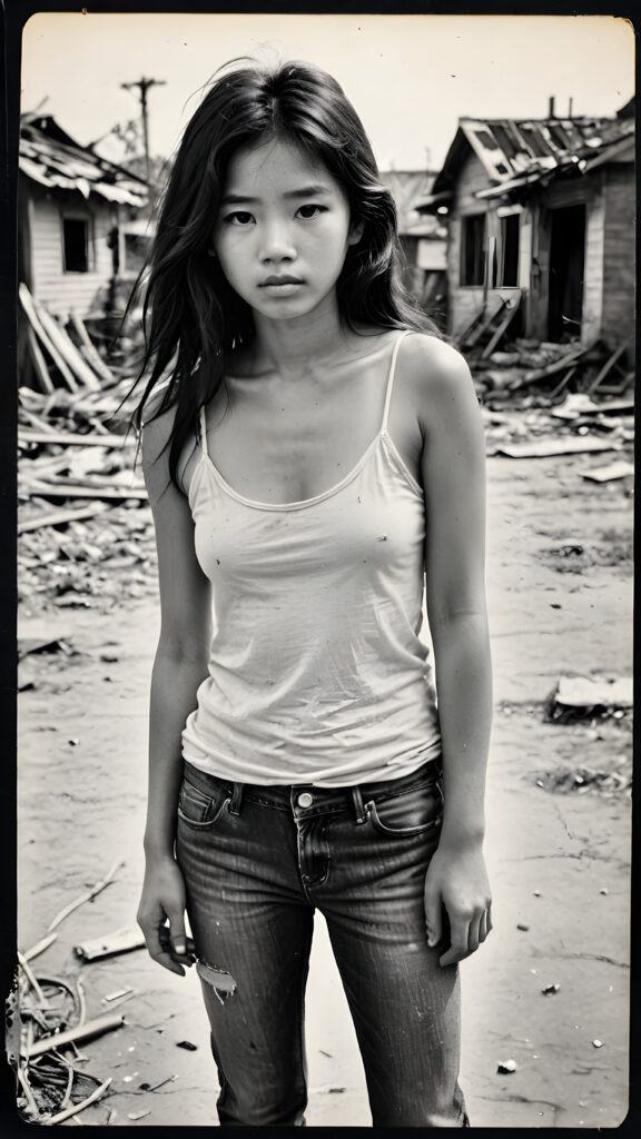 ((black and white Polaroid photo from the 1960s)) a young abandoned, sad, lonely, poor Vietnamese girl looks sadly, she has disheveled long black messy hair. She is hopeless. She is poor, thin dressed in a tattered tank top and jeans pants and stands alone in front of the viewer. She cries. She has a dirty face. She is skinny. There are (destroyed and burning houses) in the background, ((realistic, detailed photo))