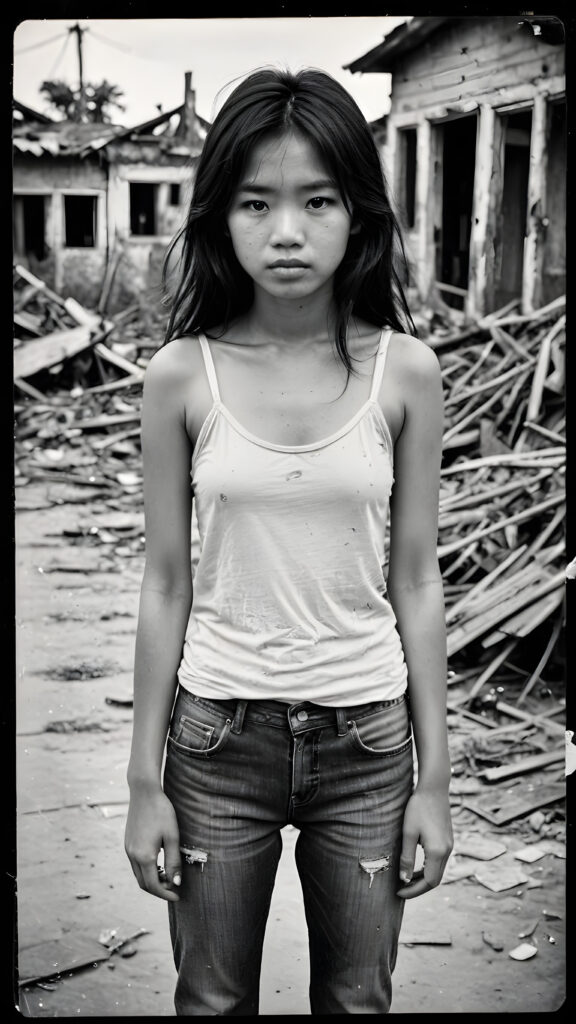 ((black and white Polaroid photo from the 1960s)) a young abandoned, sad, lonely, poor Vietnamese girl looks sadly, she has disheveled long black messy hair. She is hopeless. She is poor, thin dressed in a tattered tank top and jeans pants and stands alone in front of the viewer. She cries. She has a dirty face. She is skinny. There are (destroyed and burning houses) in the background, ((realistic, detailed photo))