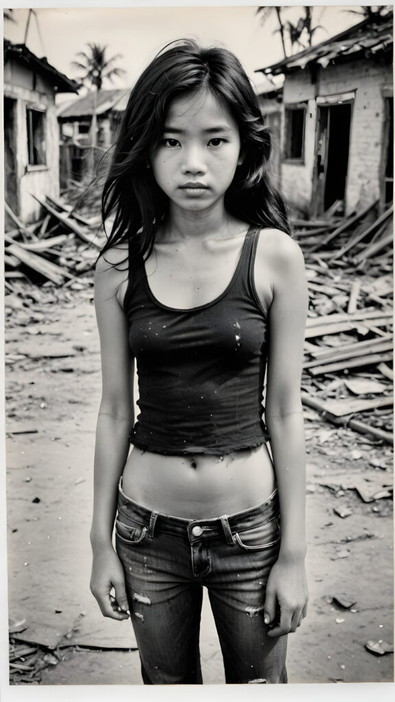 ((black and white Polaroid photo from the 1960s)) a young abandoned, sad, lonely, poor Vietnamese girl looks sadly, she has disheveled long black messy hair. She is hopeless. She is poor, thin dressed in a tattered tank top and jeans pants and stands alone in front of the viewer. She cries. She has a dirty face. She is skinny. There are (destroyed and burning houses) in the background, ((realistic, detailed photo))