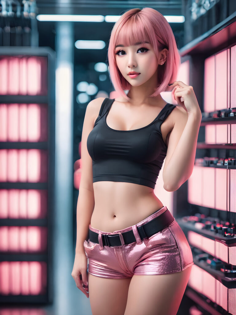 ((full body)) ((cute)) (((gorgeous)) ((stunning)) a young babe with pink strait hair, bangs cut, dressed with (super short (black crop top)) and ((short black pants)), posing in a futuristic data center