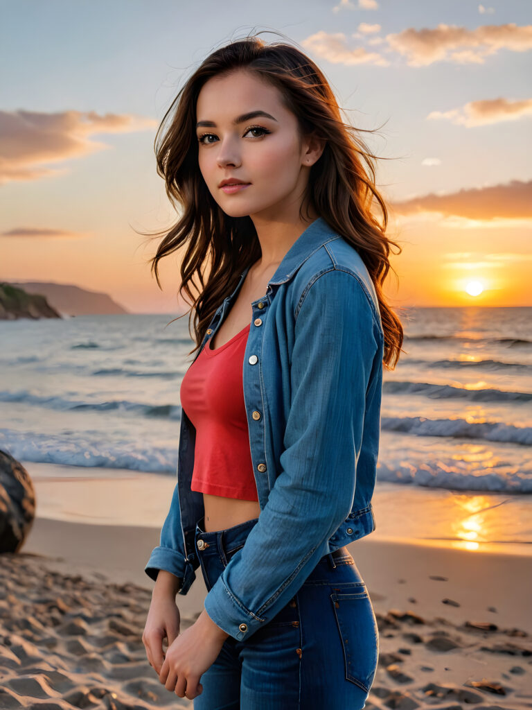 capture a (((hyper-realistic, highly-detailed, vivid full body profile photo))), with (rich colors) and low light, crisp details, dramatic diffuse backlighting, and advanced editing techniques such as (high-dynamic range) and a (dramatic sunset) against a backdrop of short jeans and a crop top, featuring a teen girl with a perfect post