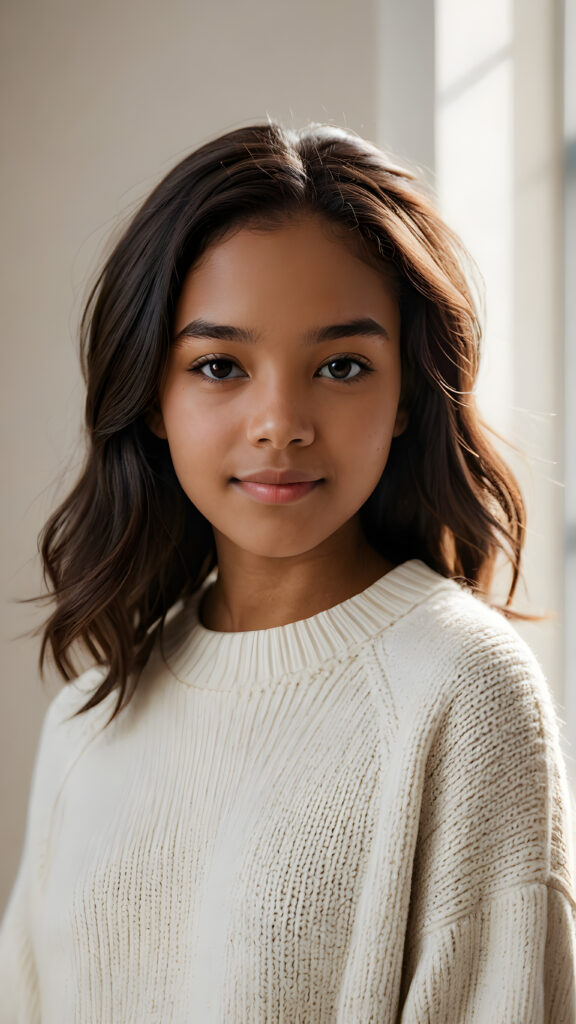 capture a vividly detailed (((natural brown-skinned teen girl))) with straight, mid-length, dark obsidian hair and a round face, wearing a ((thin, white woolen sweater)) against a (((softly dimmed backdrop))), with elegant, subtle shadows that convey a feeling of warmth and contentment