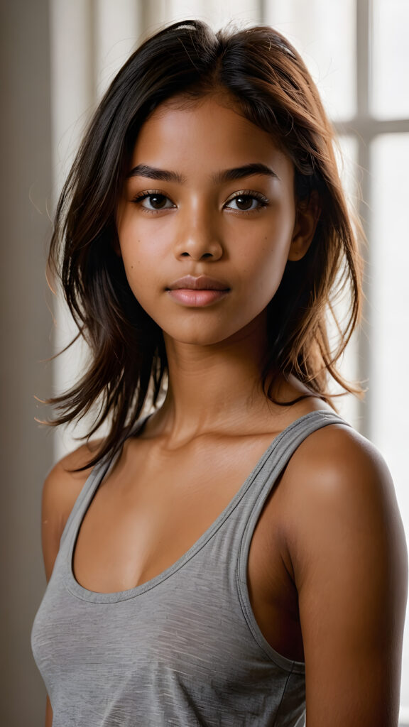 capture a vividly detailed (((natural brown-skinned Exotic teen girl))) with long soft straight, length, dark obsidian hair and a round face, wearing a ((thin, grey tank top)) against a (((softly dimmed backdrop))), with elegant, subtle shadows that convey a feeling of warmth and contentment