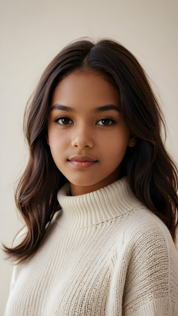 capture a vividly detailed (((natural brown-skinned teen girl))) with straight, mid-length, dark obsidian hair and a round face, wearing a ((thin, white woolen sweater)) against a (((softly dimmed backdrop))), with elegant, subtle shadows that convey a feeling of warmth and contentment