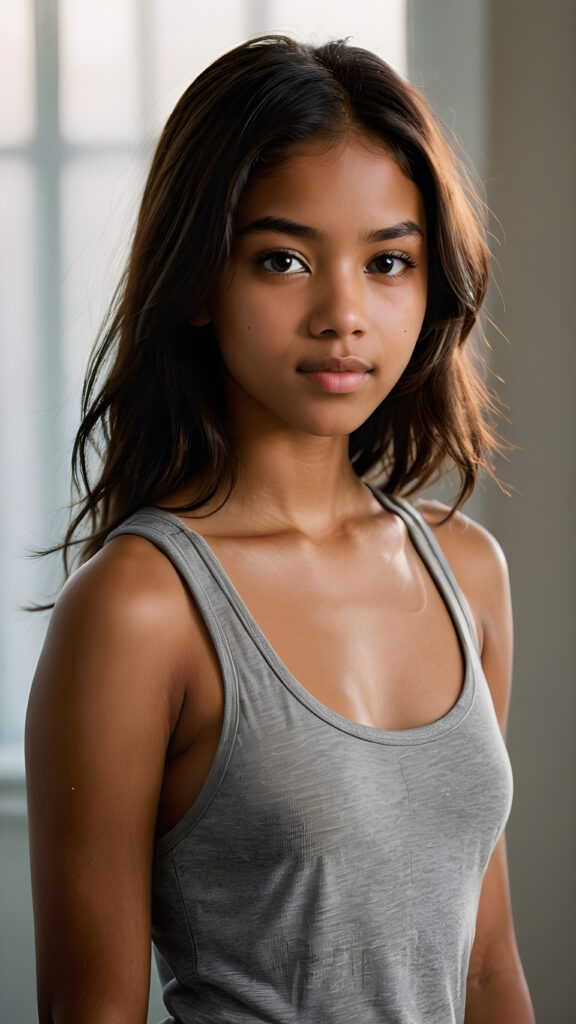 capture a vividly detailed (((natural brown-skinned Exotic teen girl))) with long soft straight, length, dark obsidian hair and a round face, wearing a ((thin, grey tank top)) against a (((softly dimmed backdrop))), with elegant, subtle shadows that convey a feeling of warmth and contentment