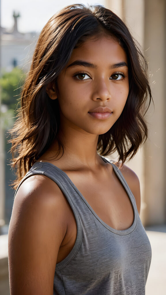 capture a vividly detailed (((natural brown-skinned Exotic teen girl))) with long soft straight, length, dark obsidian hair and a round face, wearing a ((thin, grey tank top)) against a (((softly dimmed backdrop))), with elegant, subtle shadows that convey a feeling of warmth and contentment