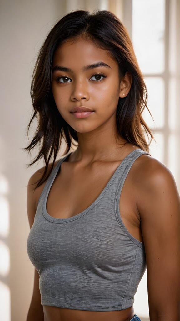 capture a vividly detailed (((natural brown-skinned Exotic teen girl))) with long soft straight, length, dark obsidian hair and a round face, wearing a ((thin, grey tank top)) against a (((softly dimmed backdrop))), with elegant, subtle shadows that convey a feeling of warmth and contentment